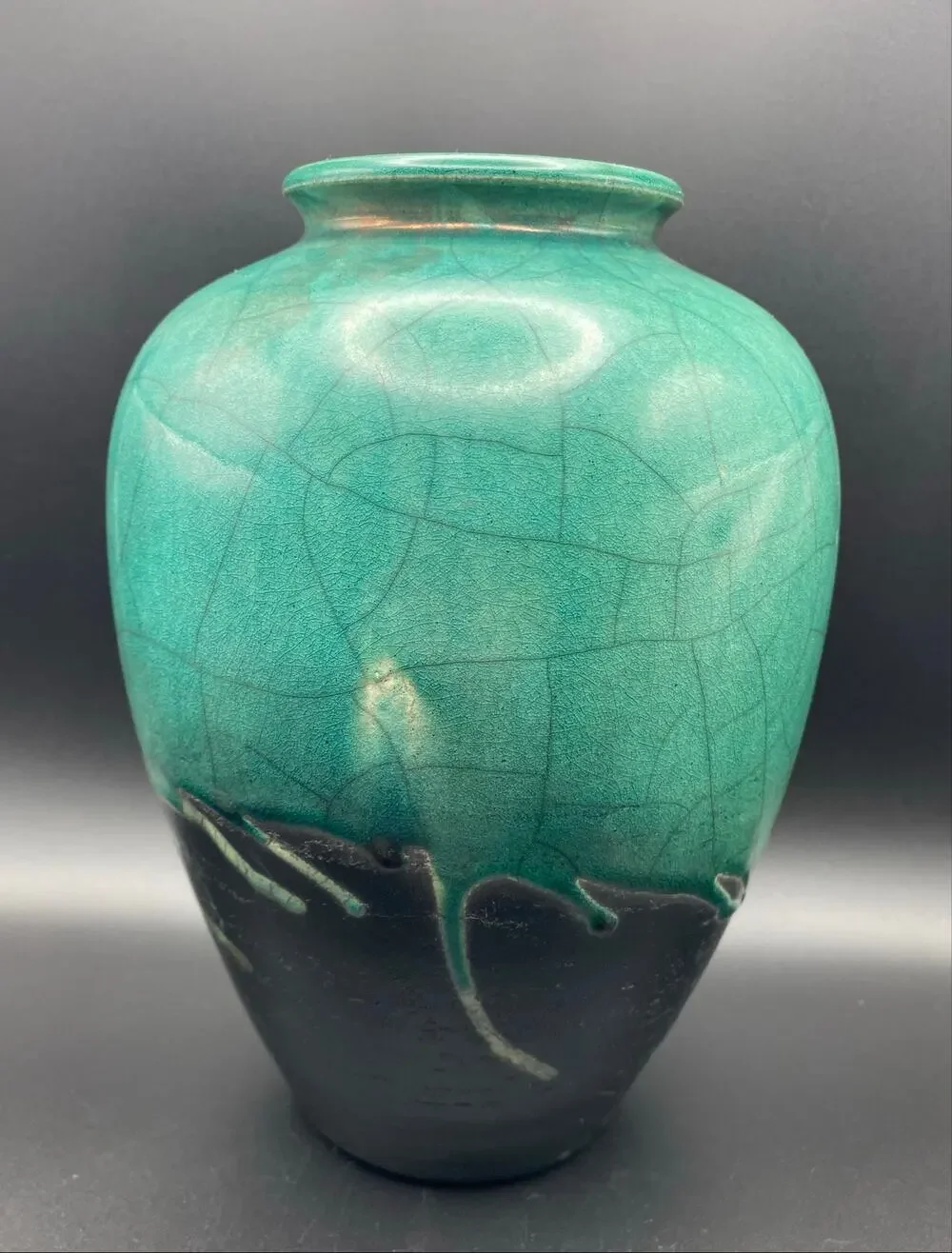 John Melkonian California Raku Studio Pottery Vase Turquoise and Black Crackle,